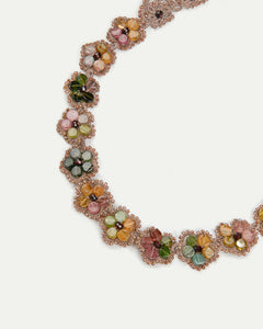 CALLA NECKLACE in Silk, Pearl, Garnet color Gold detail view with classic and elegant design