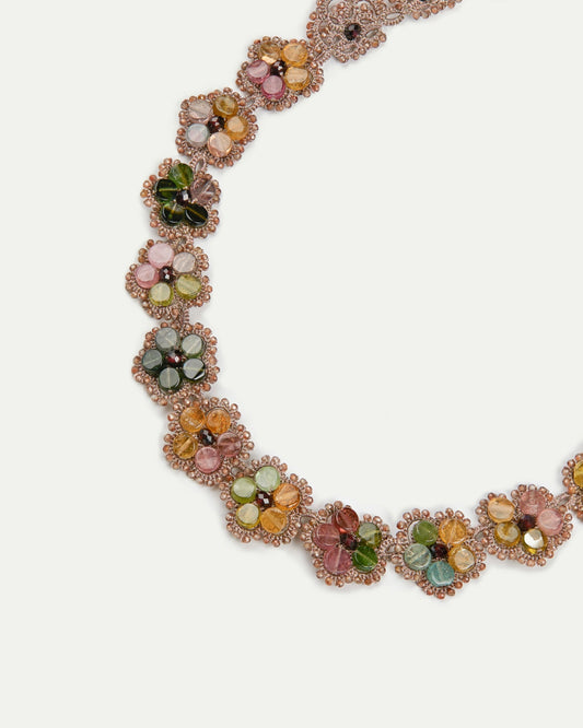 CALLA NECKLACE in Silk, Pearl, Garnet color Gold detail view with classic and elegant design