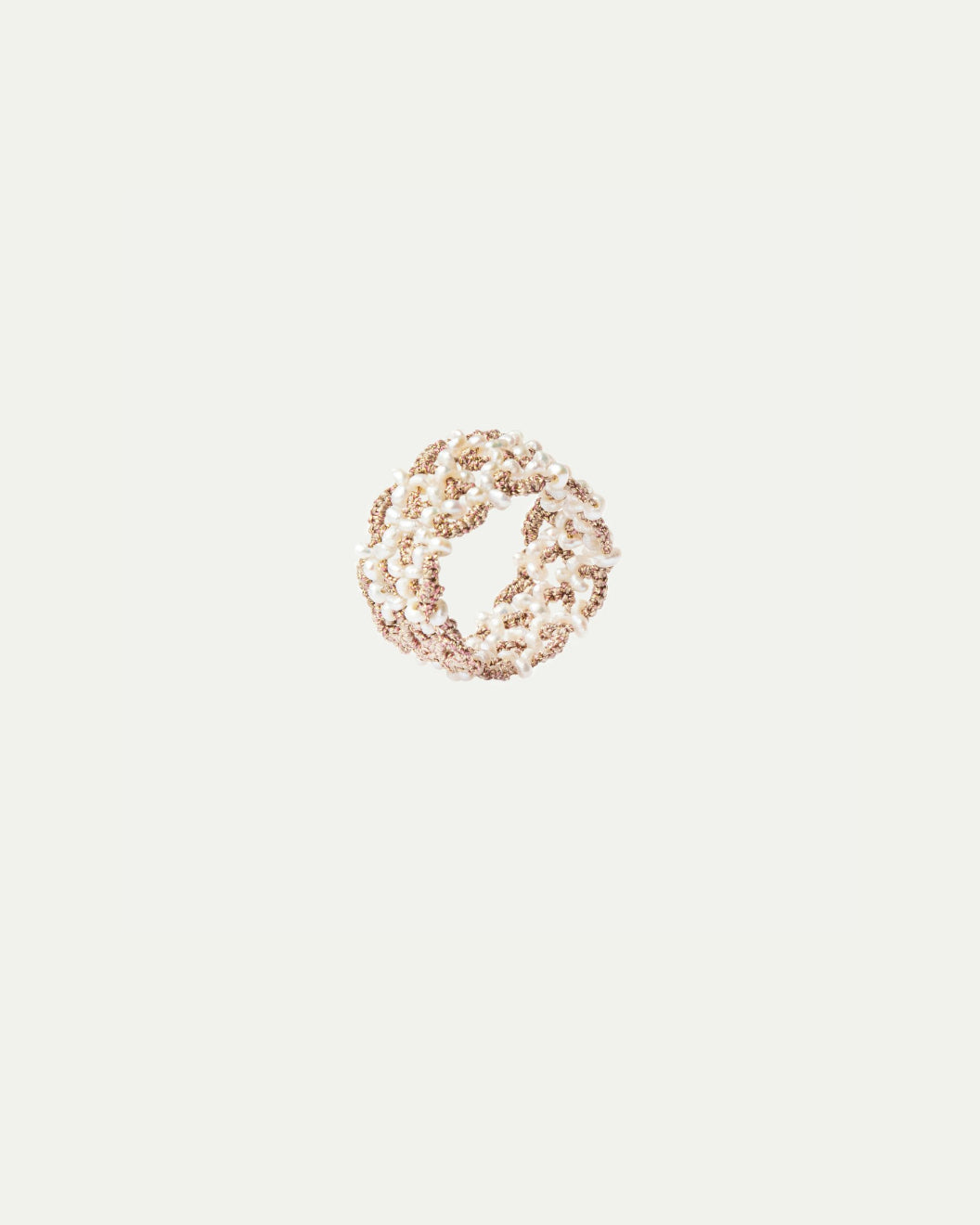 Rose gold Cassieta ring with intricate pearl detailing, side view, elegant design in sizes M and L.