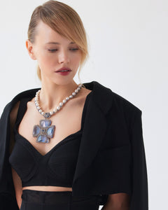 Blue silk necklace with freshwater pearl strands and crystal detail.