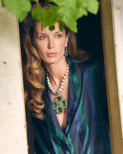 CASSIOPEIA NECKLACE with pearls, green gemstones on silk, emerald and tourmaline, elegant design.