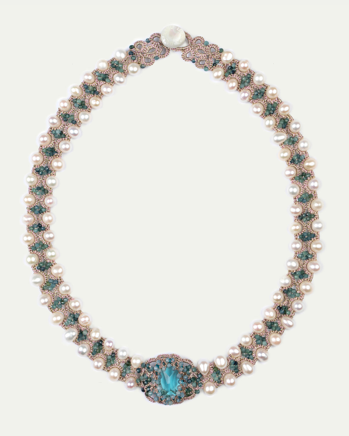 CLEO CHOKER with crystals, pearls, blue tourmaline, aquamarine gemstones, silk, and mother of pearl button.