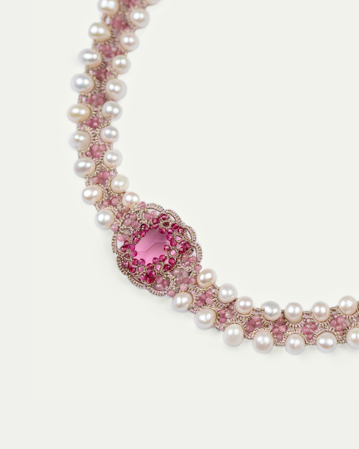 Silk and rose crystal choker with freshwater pearls and a central pink crystal detail.