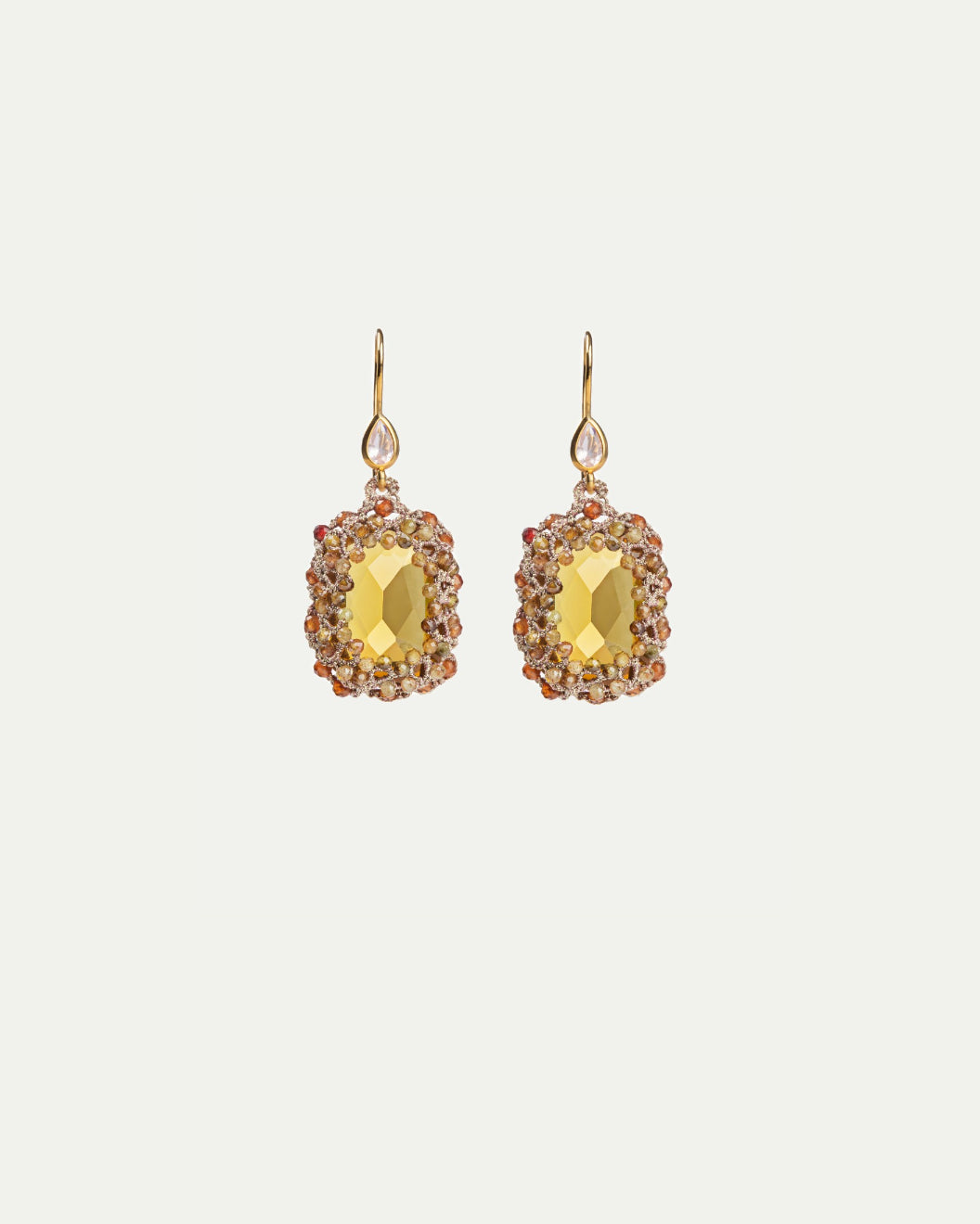 CONSTANCE Earrings with gold crystal, yellow tourmaline, orange garnet, and gold-plated silver hooks.