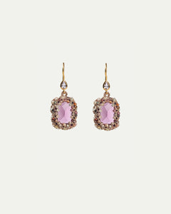 Rose Constance earrings with faceted pink stones, intricate gold hooks, and multicolored gem embellishments.