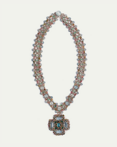 DAHLIA NECKLACE in Silk, Pearl, Crystals color Blue side view with decorative details and quality finishes