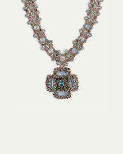 DAHLIA NECKLACE in Silk, Pearl, Crystals color Blue close-up view with premium look and attention to detail