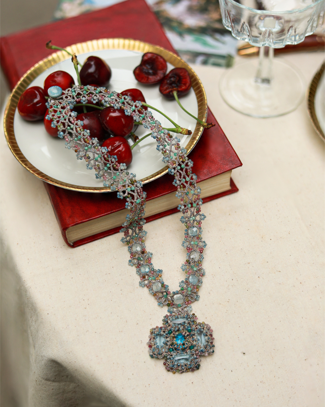 DAHLIA NECKLACE in Silk, Pearl, Crystals color Blue perspective view with exceptional quality and modern design