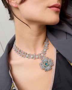 DAHLIA NECKLACE in Silk, Pearl, Crystals color Blue full view with sophisticated look and elegance