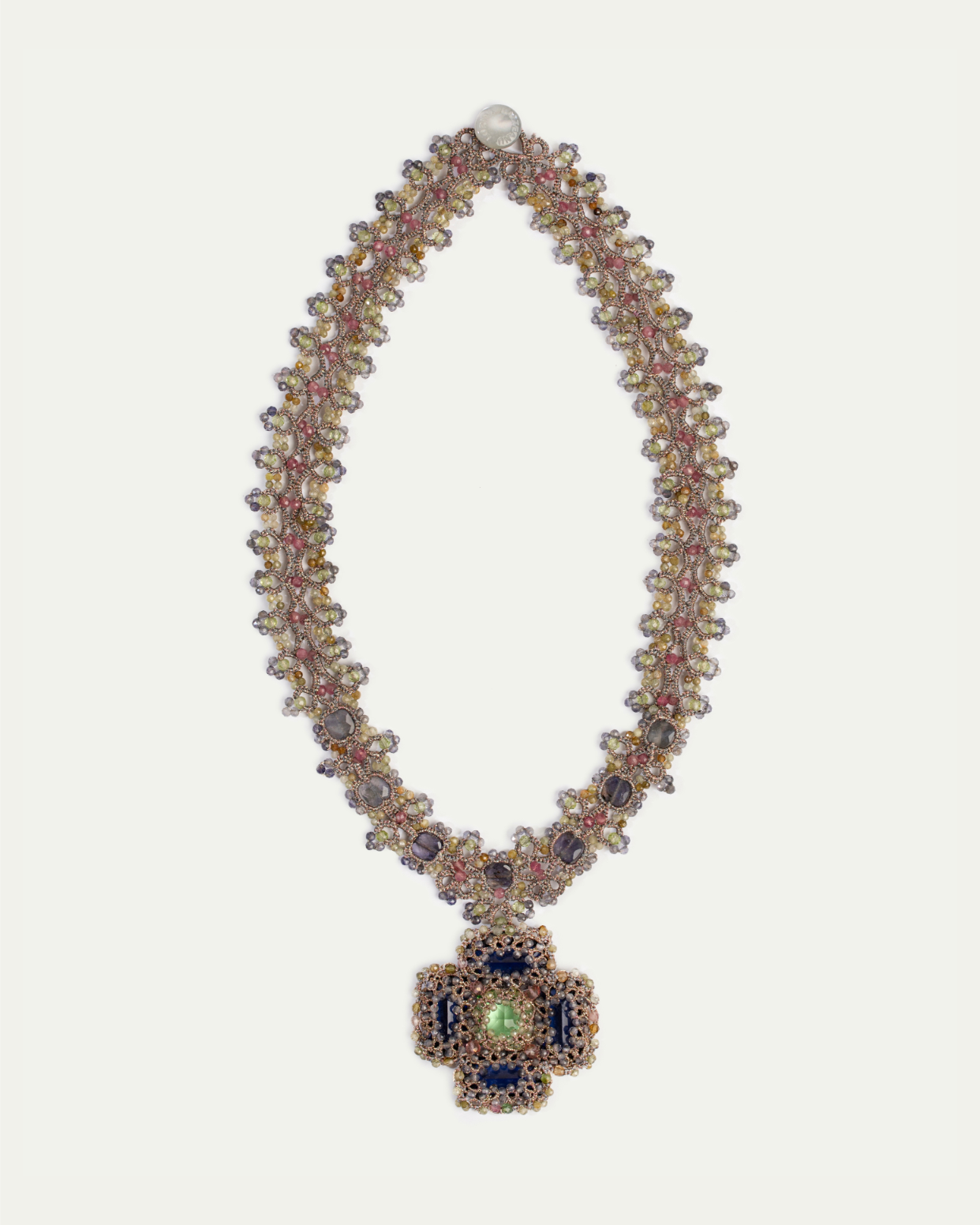 DAHLIA NECKLACE in Silk, Pearl, Crystals color Multicolor front view with elegant and refined design
