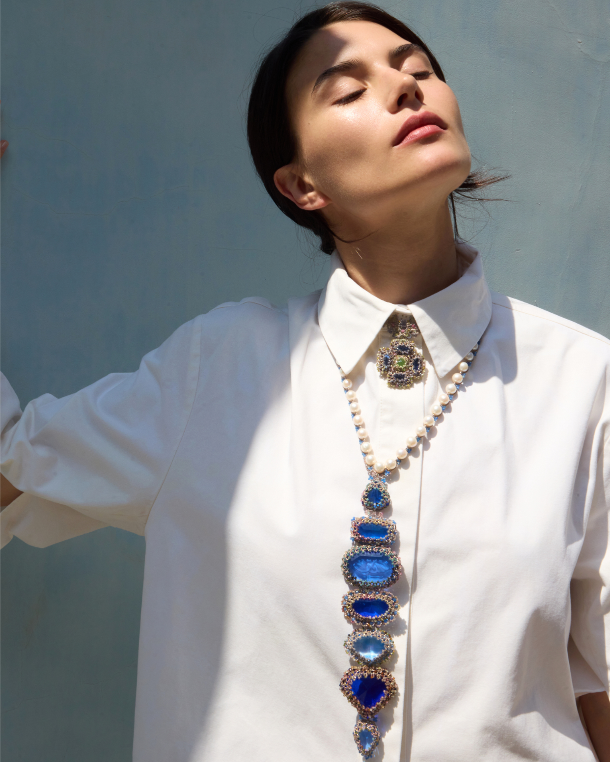 DAHLIA NECKLACE in Silk, Pearl, Crystals color Multicolor side view with decorative details and quality finishes