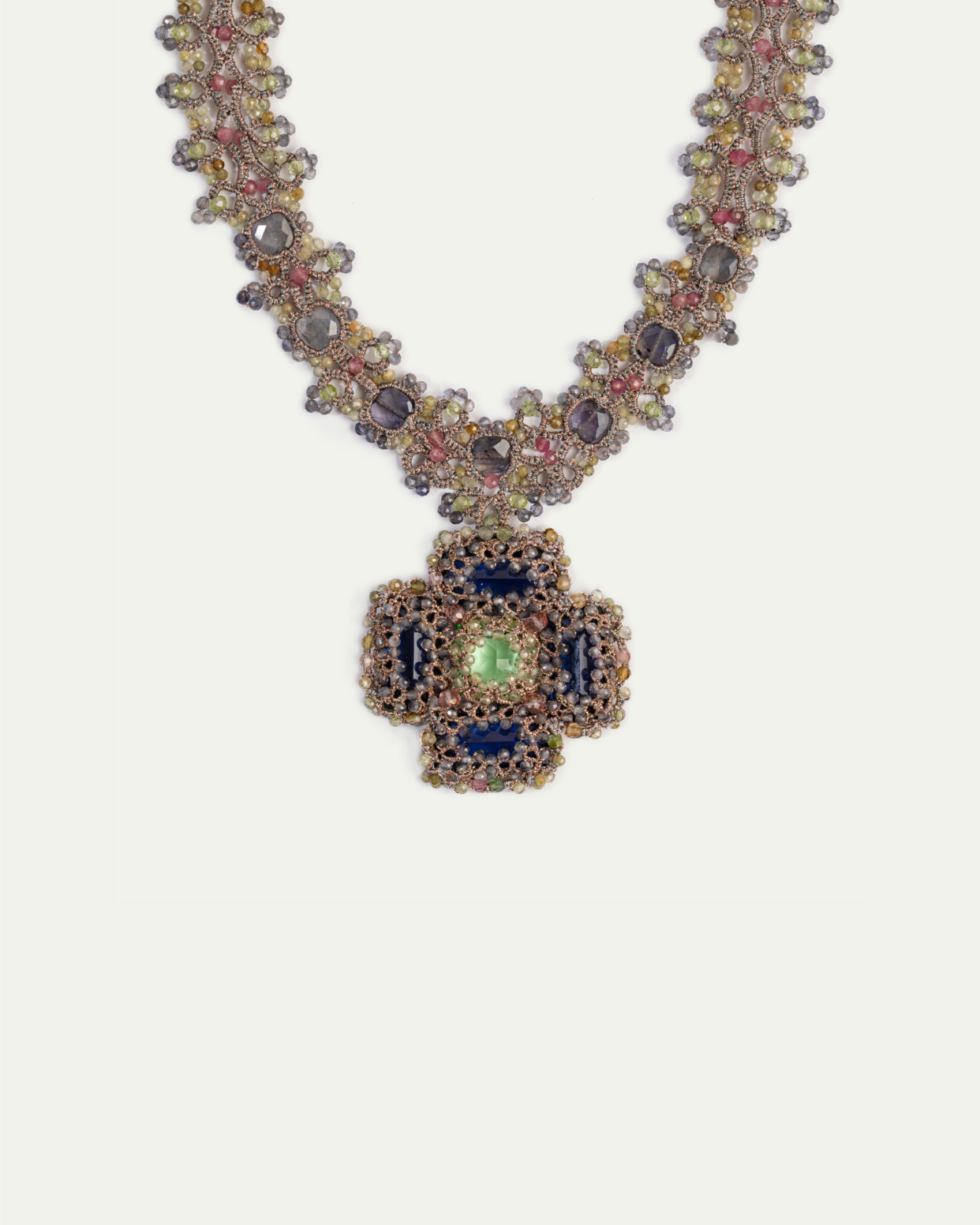 DAHLIA NECKLACE in Silk, Pearl, Crystals color Multicolor detail view with classic and elegant design