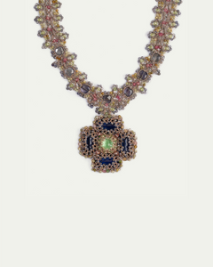 DAHLIA NECKLACE in Silk, Pearl, Crystals color Multicolor detail view with classic and elegant design