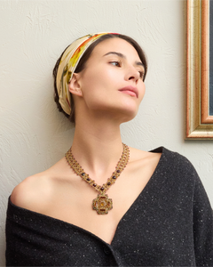 DAHLIA NECKLACE in Silk, Pearl, Crystals color Red front view with elegant and refined design