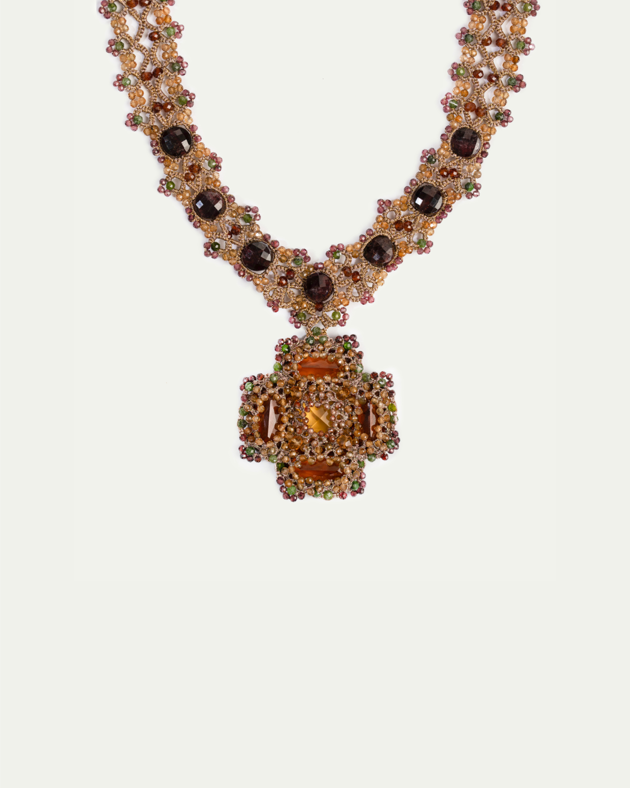 DAHLIA NECKLACE in Silk, Pearl, Crystals color Red close-up view with premium look and attention to detail