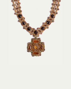 DAHLIA NECKLACE in Silk, Pearl, Crystals color Red close-up view with premium look and attention to detail
