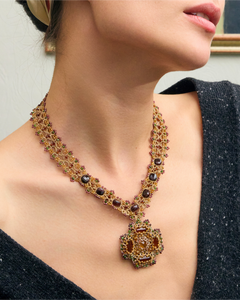 DAHLIA NECKLACE in Silk, Pearl, Crystals color Red angle view with superior finishes and refined design
