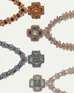 DAHLIA NECKLACE in Silk, Pearl, Crystals color Red perspective view with exceptional quality and modern design