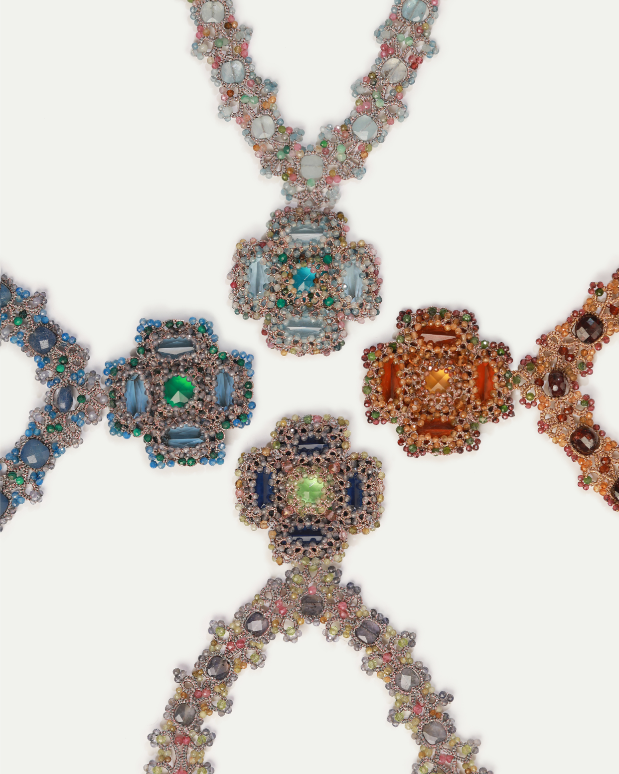 DAHLIA NECKLACE in Silk, Pearl, Crystals color Red full view with sophisticated look and elegance
