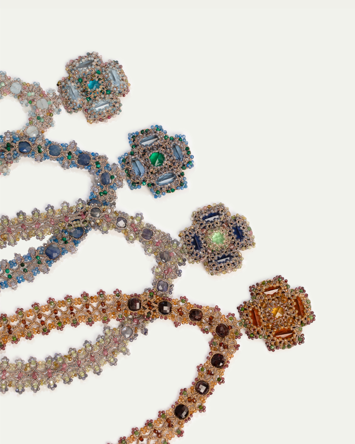 DAHLIA NECKLACE in Silk, Pearl, Crystals color Red front view with elegant and refined design
