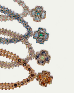 DAHLIA NECKLACE in Silk, Pearl, Crystals color Red side view with decorative details and quality finishes