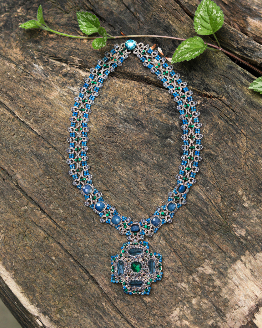 DAHLIA NECKLACE in Silk, Pearl, Crystals color Blue front view with elegant and refined design