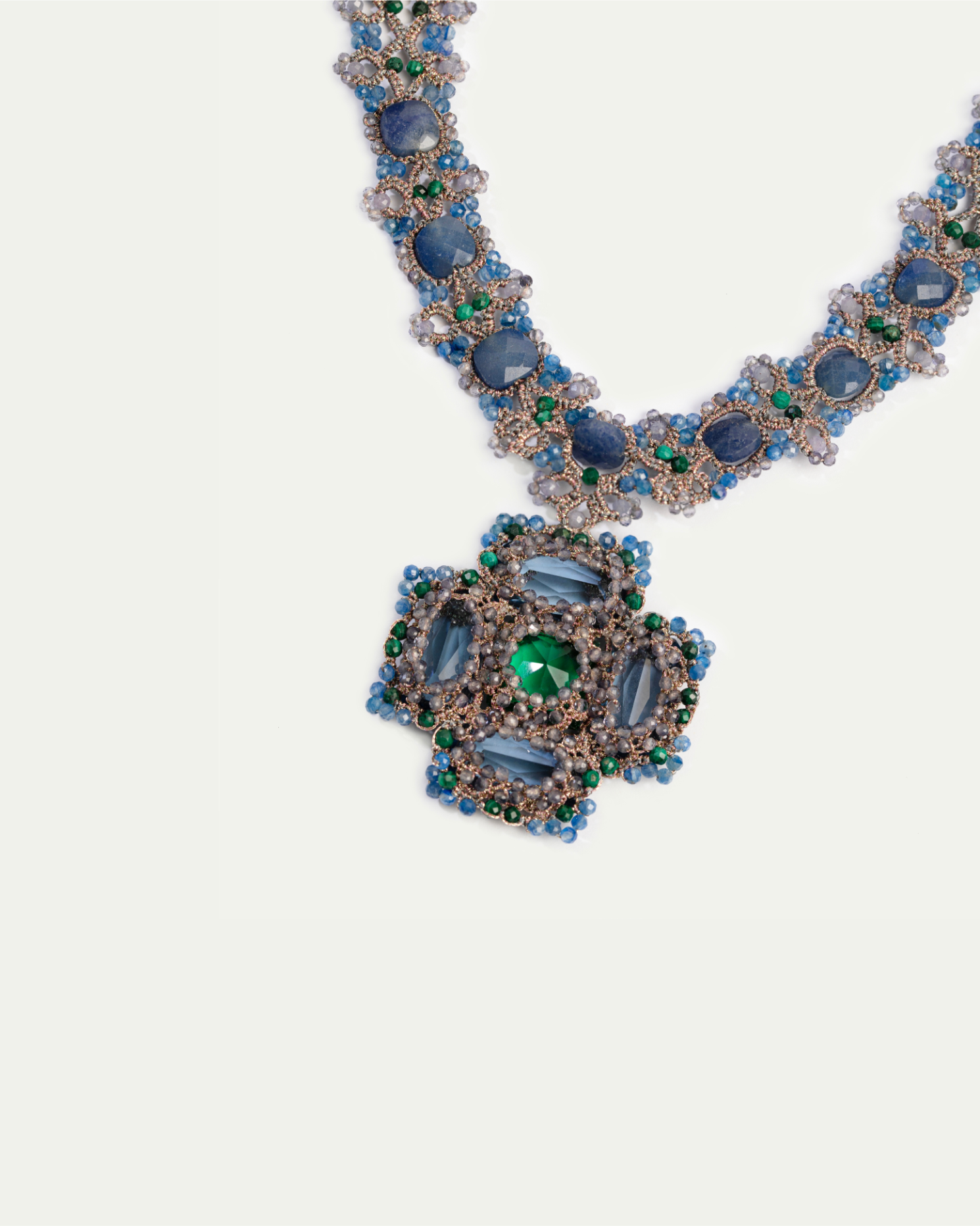 DAHLIA NECKLACE in Silk, Pearl, Crystals color Blue detail view with classic and elegant design
