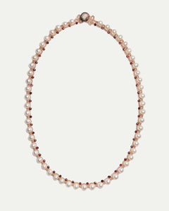 Red garnet and white freshwater pearl necklace with silk detailing, Dallas design.