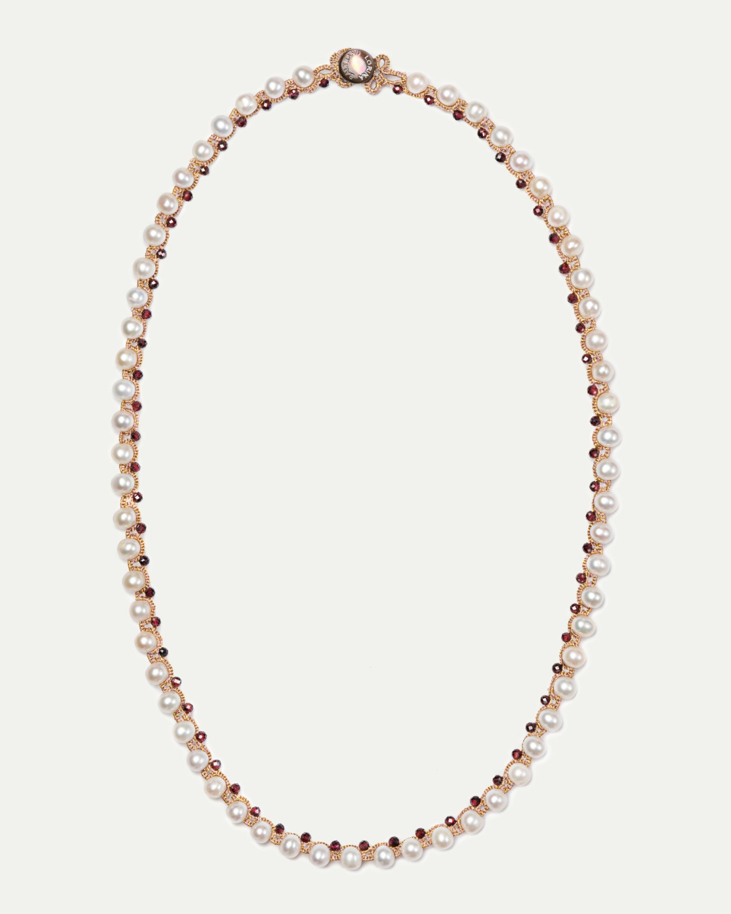 Dallas necklace with freshwater pearls, garnet beads, red silk thread, close-up detail showing texture and clasp design.