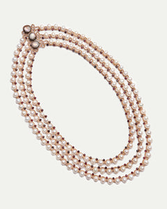 Dallas Necklace with silk strands, white freshwater pearls, red garnets, intricate details, in sizes S, M, L.