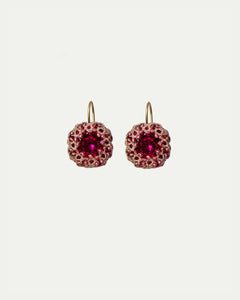 Dani earrings in red with garnet gemstones, crystal, gold-plated silver hooks, and silk threads.