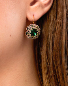 DANI Earrings with green sapphire gemstones, gold-plated silver hooks, silk threads, and crystal embellishments.