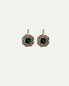 Green DANI earrings with gold hooks, featuring central green stones surrounded by intricate beaded detailing.