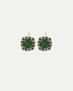 Green silk and crystal Delphine earrings with gold hooks, accented by garnet and silver detailing.