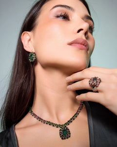 Green silk Delphine Necklace with pearl, crystal, garnet details, highlighting intricate texture and elegance.