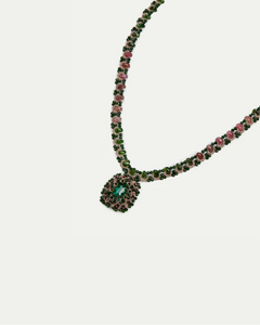 Green Delphine Necklace with silk, pearl, crystals, and garnet details, featuring intricate beadwork.