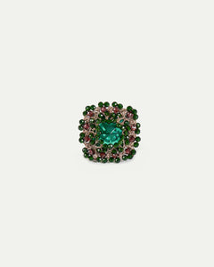 DELPHINE RING with green crystal, garnet gemstones, silk threads, and metallized components.