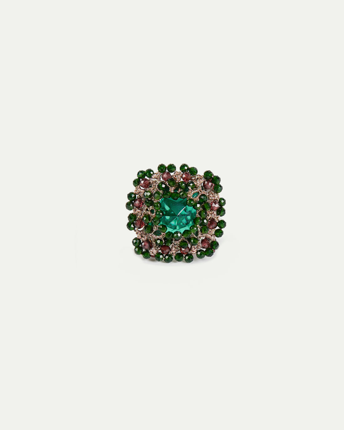 DELPHINE RING in Silk, Crystal, Garnet color Green front view with elegant and refined design