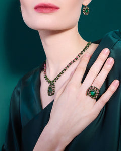 DELPHINE RING in Silk, Crystal, Garnet color Green side view with decorative details and quality finishes