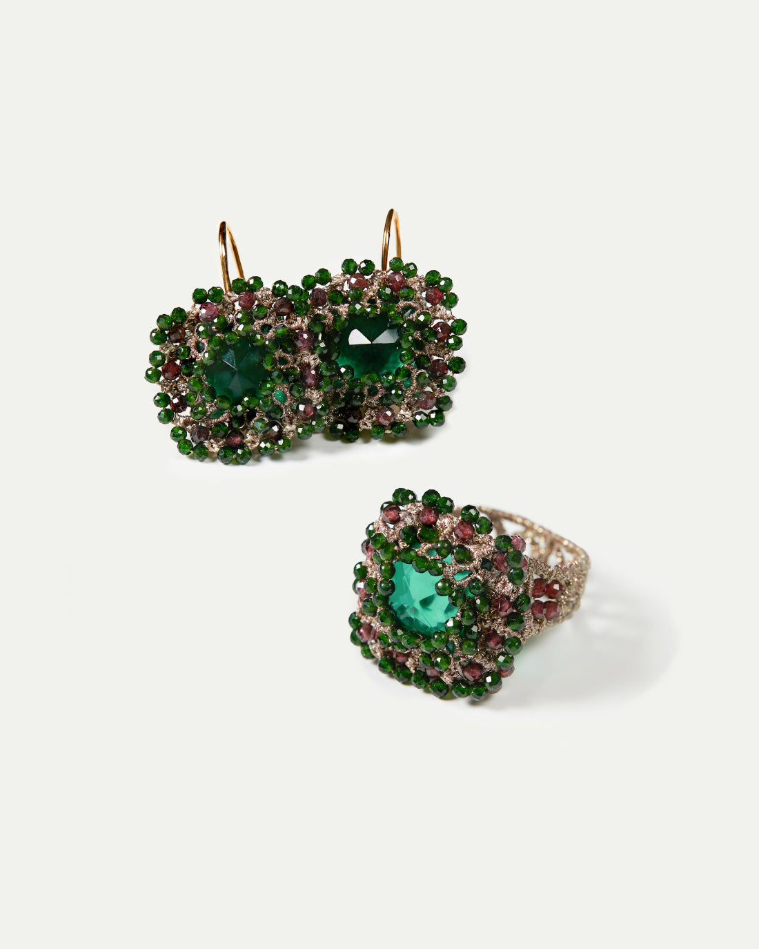 DELPHINE RING in Silk, Crystal, Garnet color Green close-up view with premium look and attention to detail