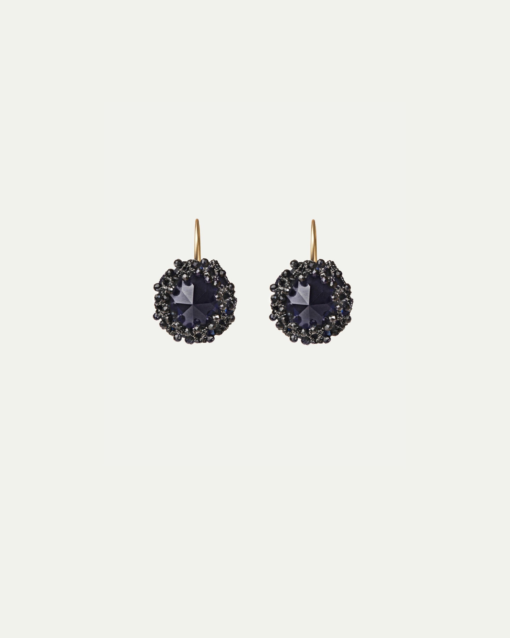 DOLLYTA Earrings, black vintage glass, spinel gemstones, gold-plated silver hooks.