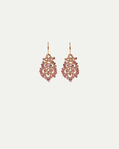 DONNA EARRINGS with red garnet gemstones, gold-plated silver hooks, silk and metallized threads.