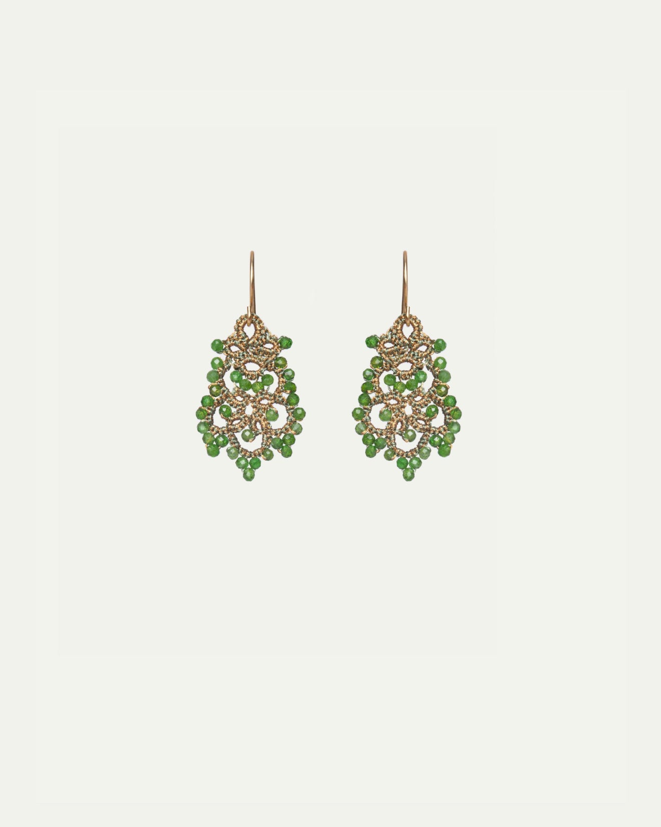 DONNA EARRINGS with green chrome diopside gemstones, gold-plated silver hooks, and silk threads.