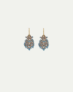 DONNA Earrings with blue kyanite gemstones, silk, gold-plated silver hooks, intricate design.