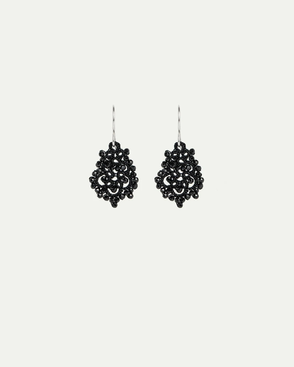 Dora earrings with black spinel gemstones, silk threads, silver hooks, intricate design.
