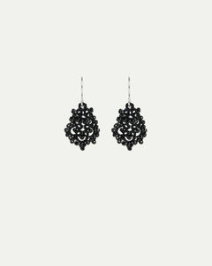 Dora earrings with black spinel gemstones, silk threads, silver hooks, intricate design.