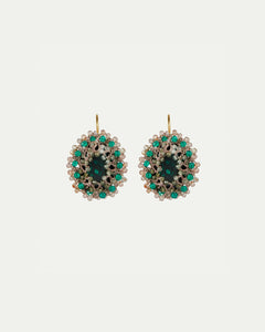 Green silk earrings with gold hooks, detailed with silver, crystal, and emerald embellishments.