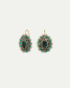 Green ECATERINA earrings with silk, gold, silver, crystal, and emerald details.