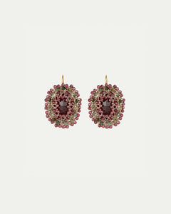 ECATERINA EARRINGS with red crystal, garnet, green garnet gemstones, silk, gold-plated silver hook.