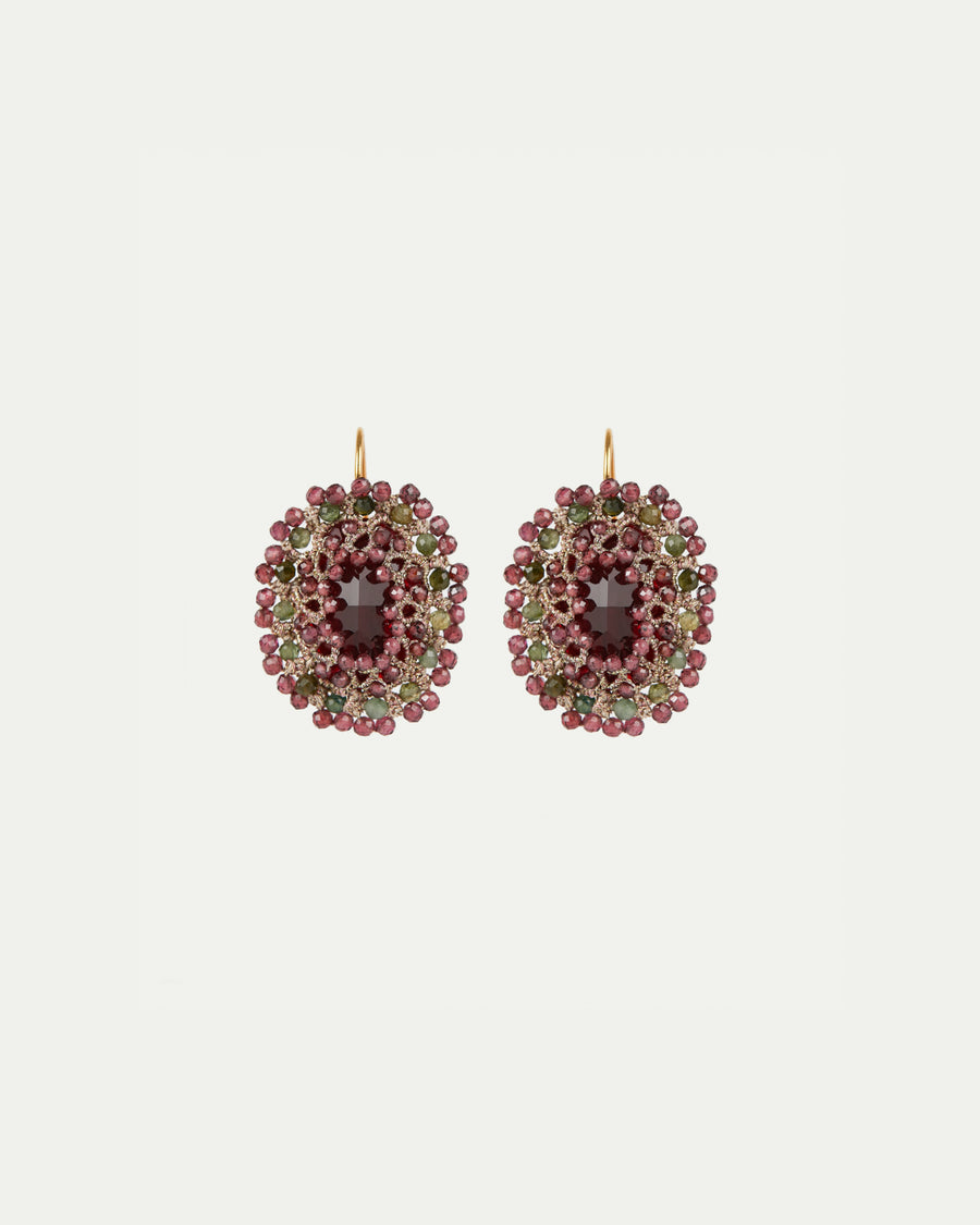 ECATERINA EARRINGS in Silk, Gold, Silver color Red front view with elegant and refined design